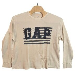 Gap Mens XXL Waffle Knit Thermal Long Sleeve Shirt Cream American Flag Logo